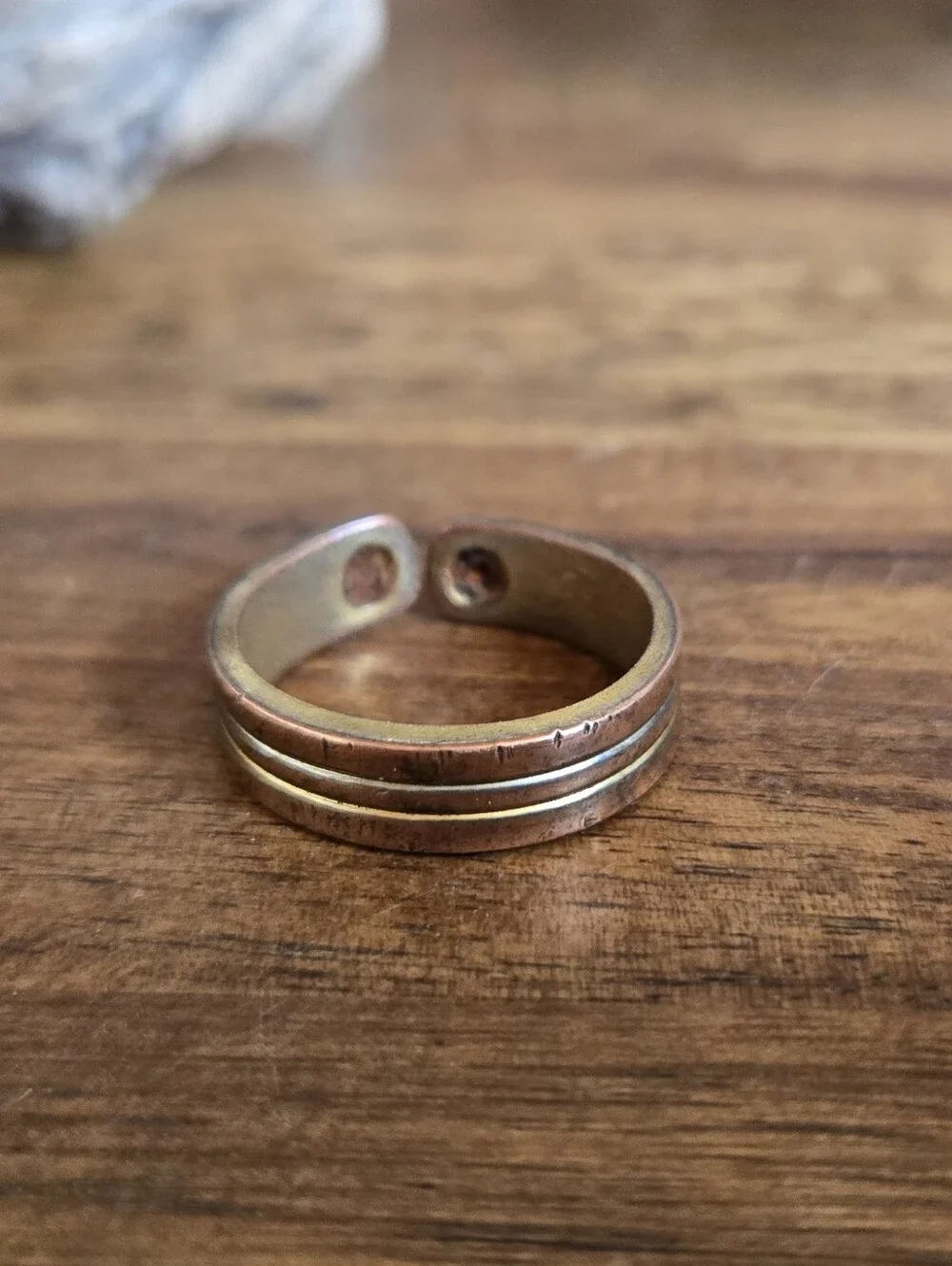 Vintage Copper Tone Adjustable Ring Grooved Band Rustic Patina Size 6.5